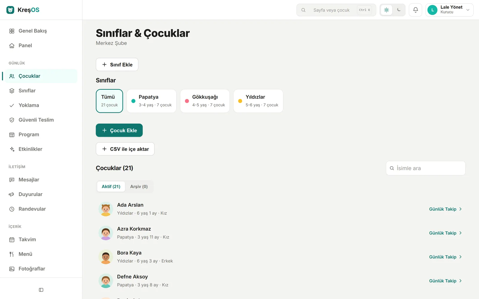 KreşOS Sınıflar ve Çocuklar ekranı — sınıf kartları ve avatarlı çocuk listesi