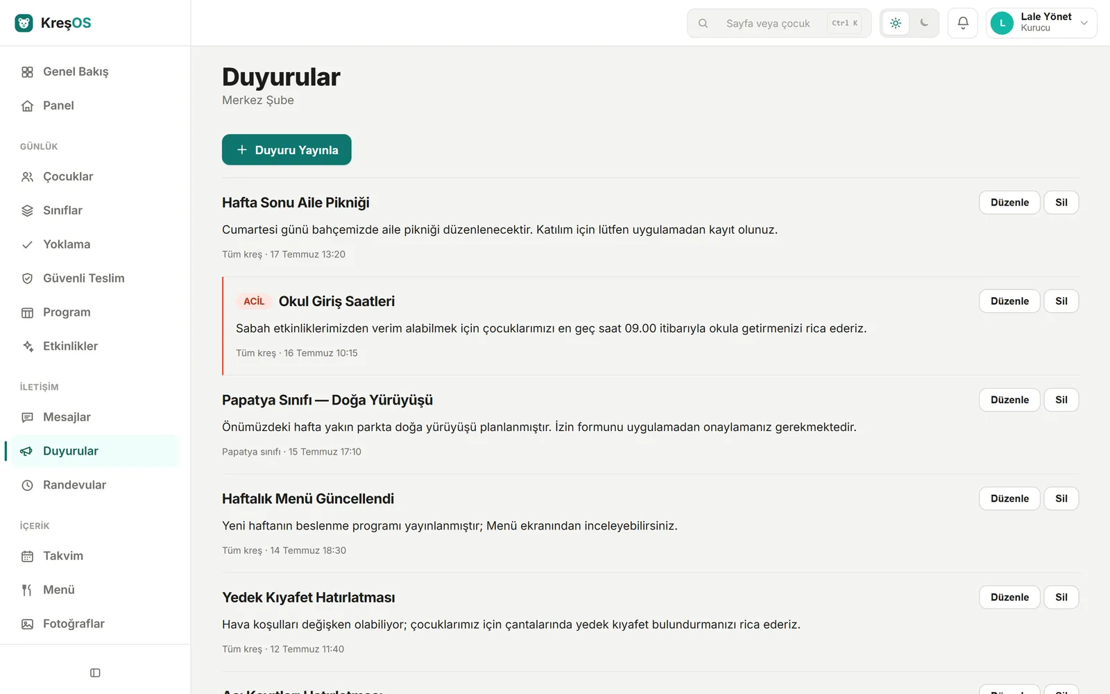 KreşOS Duyurular ekranı — duyuru listesi ve acil rozeti