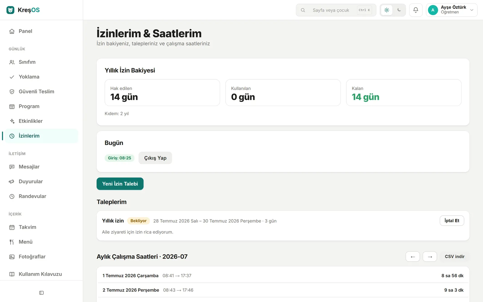 KreşOS İzinlerim ekranı — izin bakiyesi, giriş-çıkış ve aylık saatler