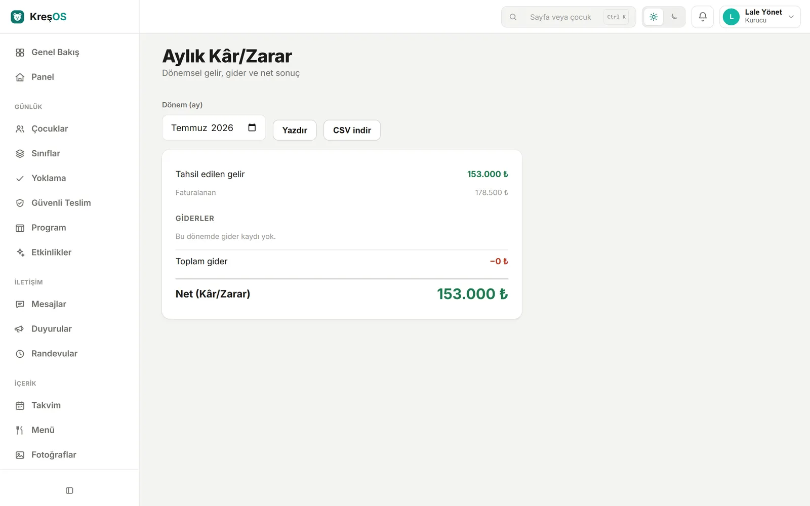 KreşOS Aylık Kâr/Zarar raporu — yazdırma ve CSV indirme