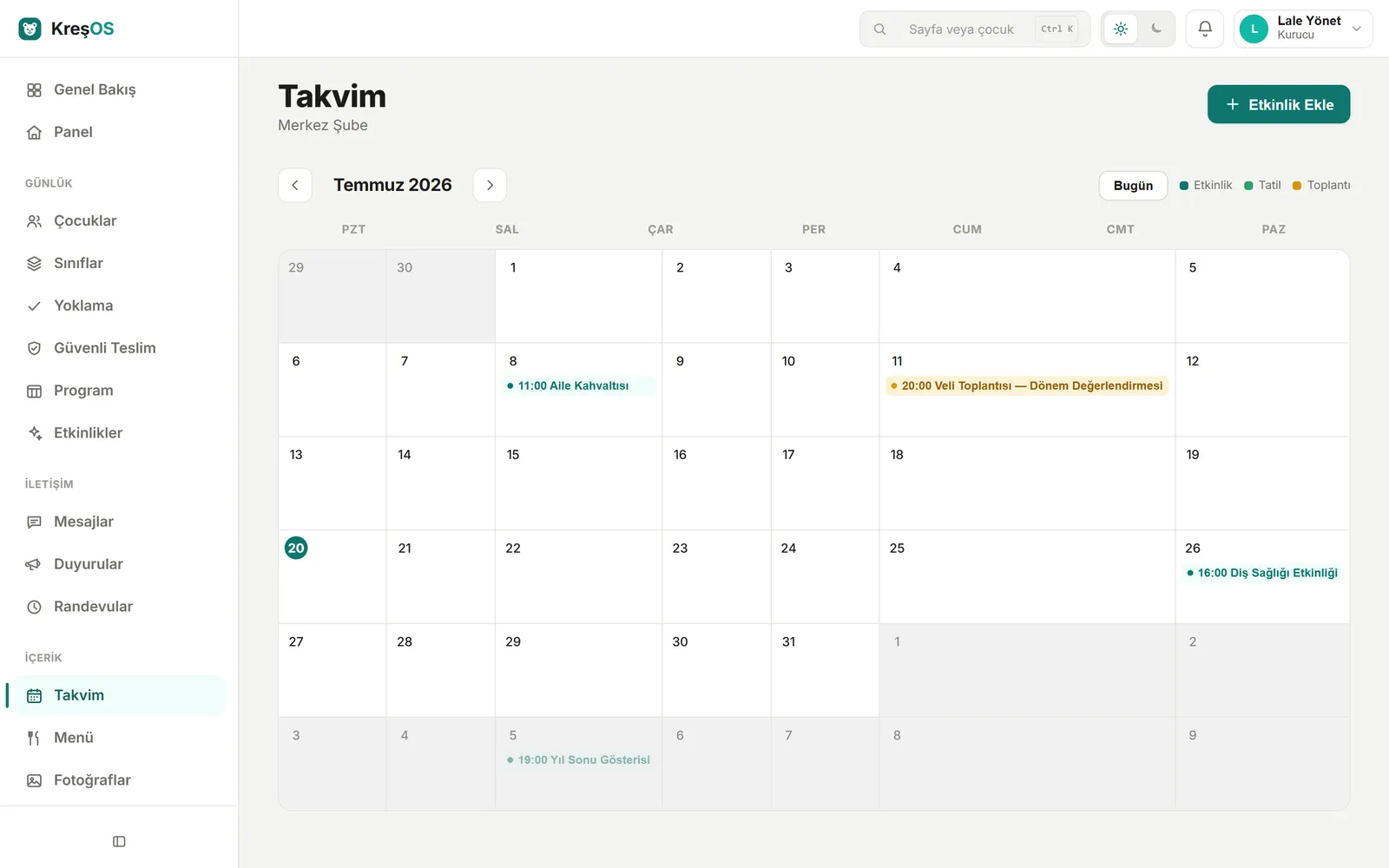 KreşOS Takvim ekranı — aylık etkinlik takvimi