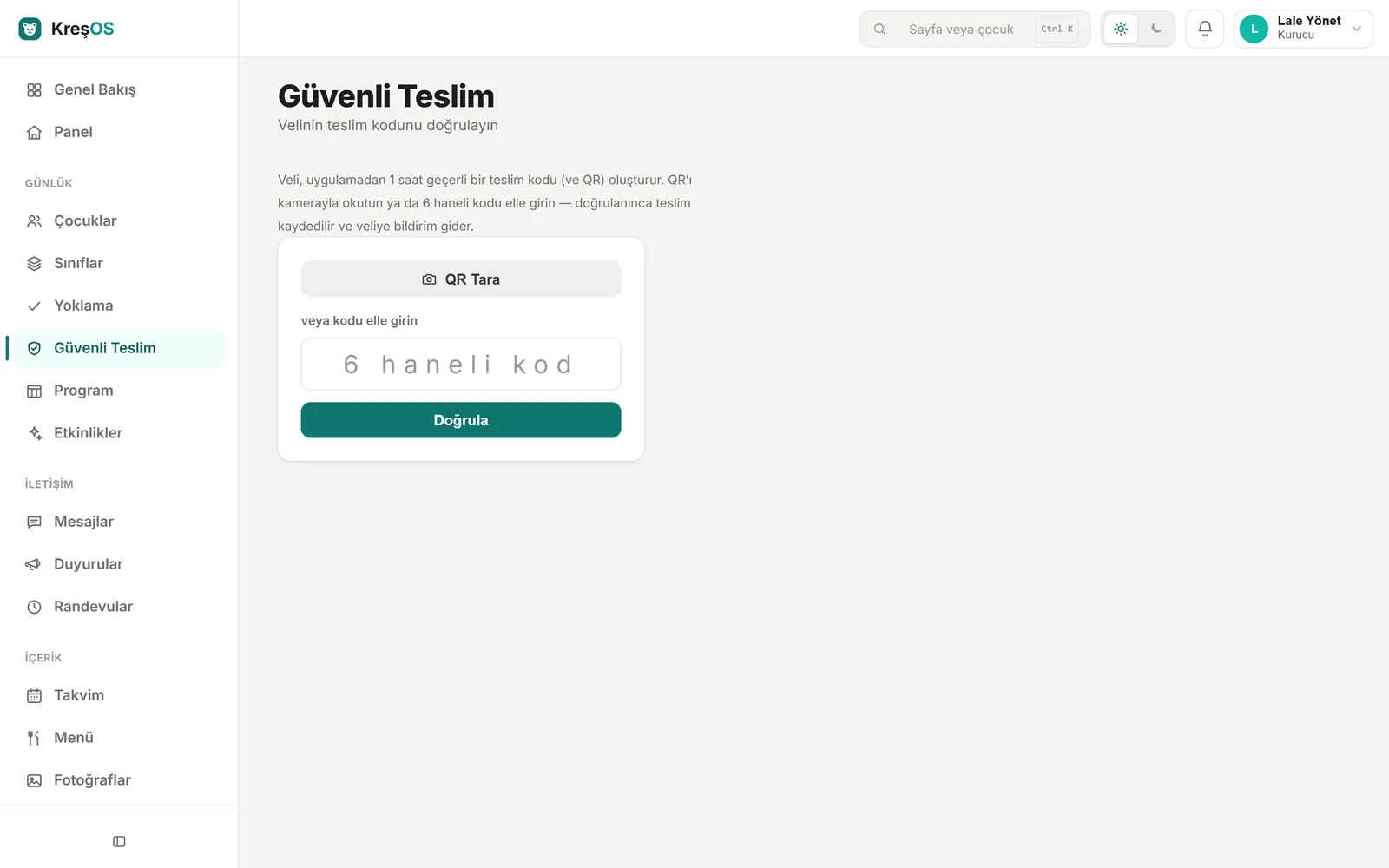 KreşOS Güvenli Teslim ekranı — QR ve kod doğrulama