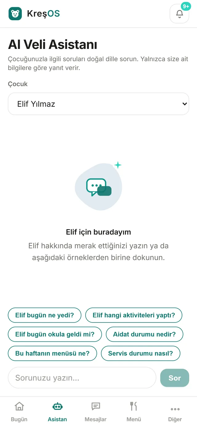 KreşOS yapay zekâ veli asistanı — doğal dilde soru-cevap