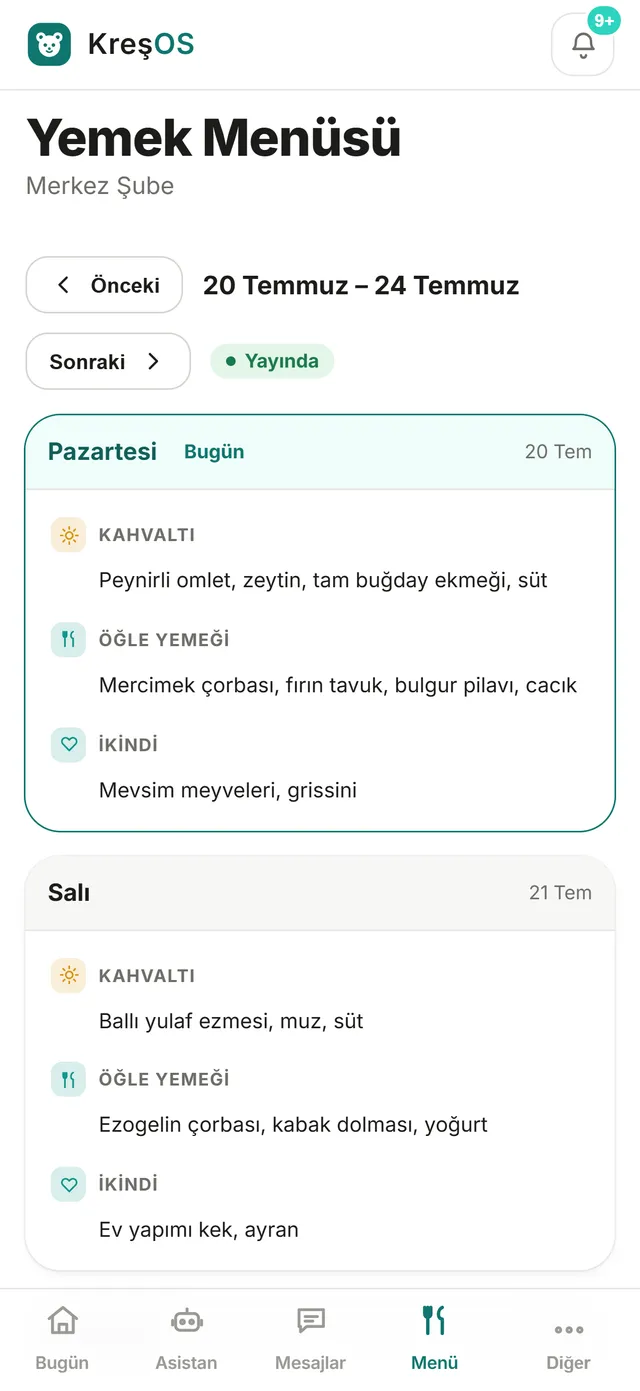 KreşOS veli menü ekranı — haftalık yemek listesi
