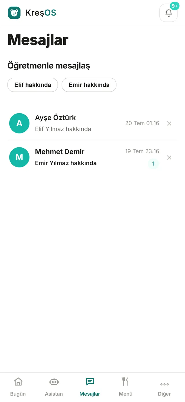 KreşOS veli mesajlaşma ekranı — öğretmenle güvenli yazışma