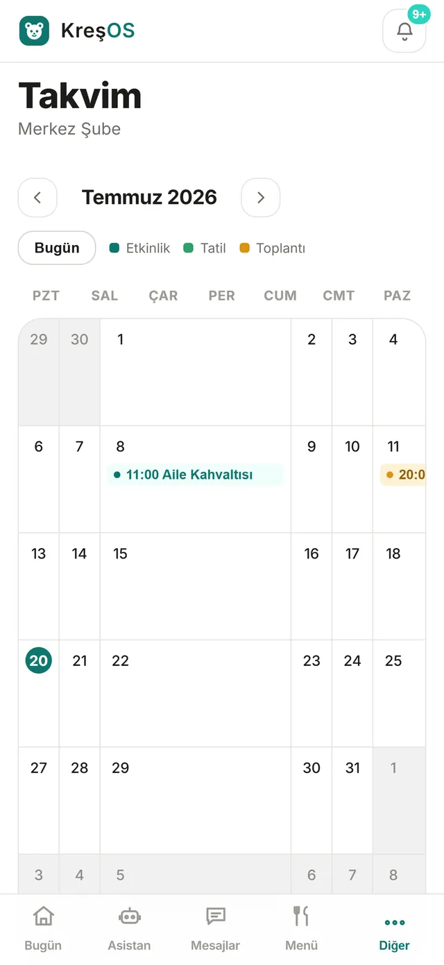 KreşOS veli takvimi — etkinlikler telefon ekranında